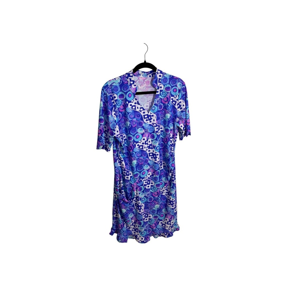 Tzu Tzu Golf Dress Size XL Blue Geometric Abstract Ruffle Hem Pocket